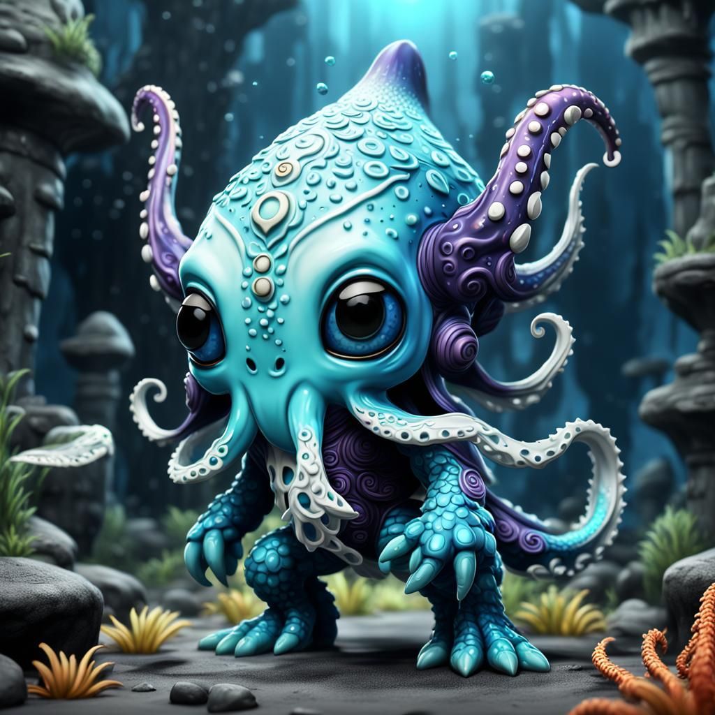 Chibi Porcelain Kaiju Squid in Detailed Matte Painting