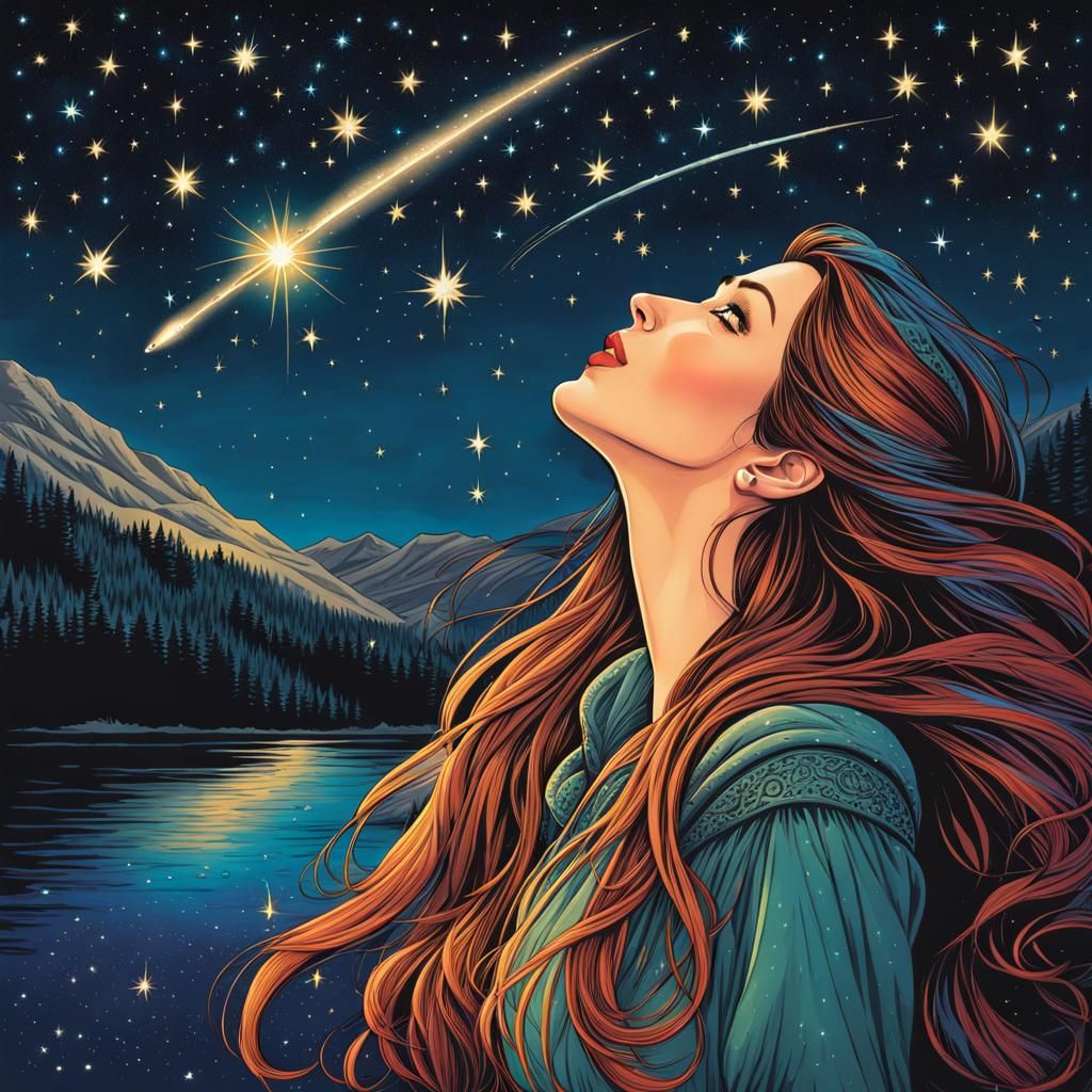 Elven Woman Stargazing at Night in Detailed Illustration