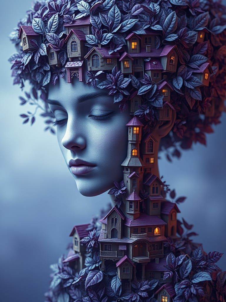 Woman of Houses and Leaves in Architectural Surrealism