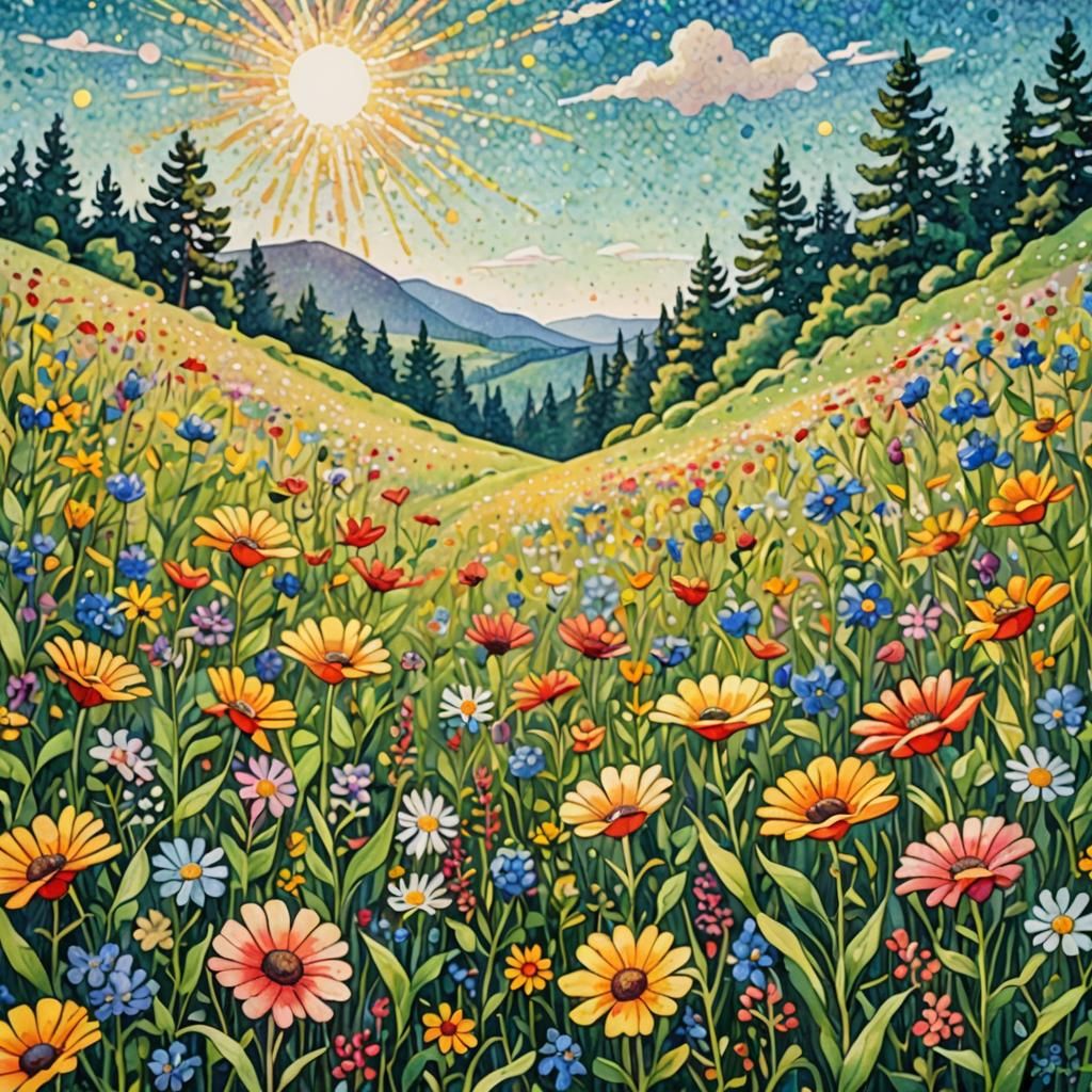 Pointillist Wildflower Meadow Watercolor and Ink