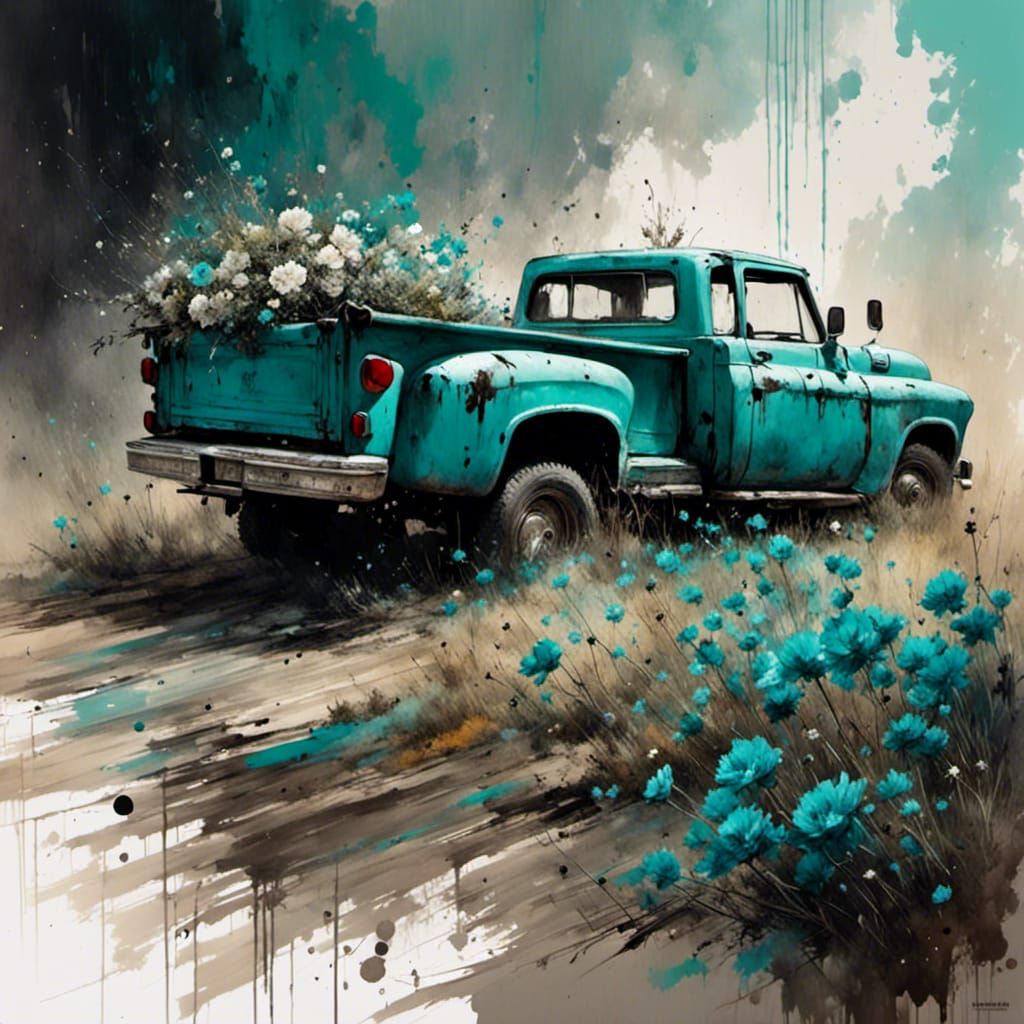 Vintage Chevy Pickup with Flowers as Oil Painting
