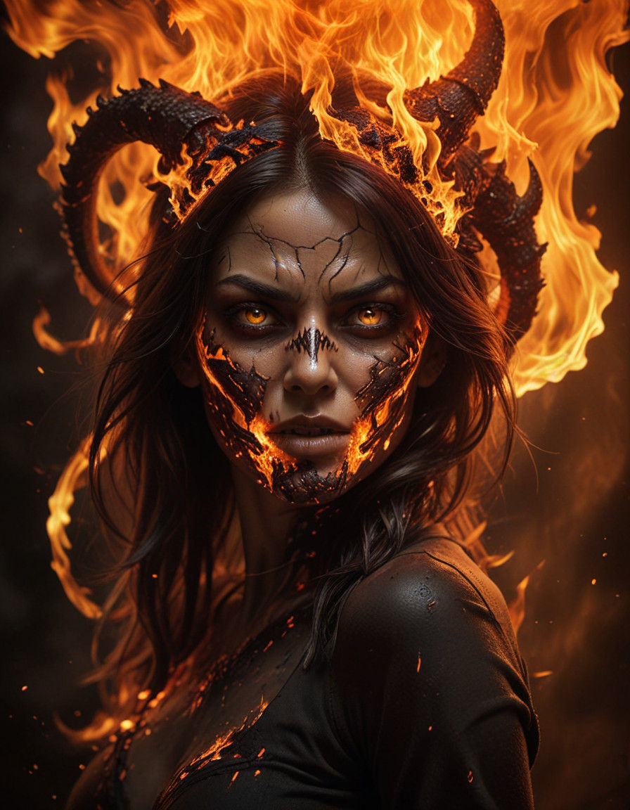 Sculpture of a Woman in Hell with Fiery Flames