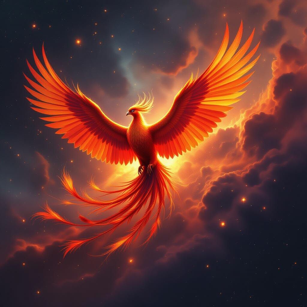 Hyperrealistic Phoenix Rises from Molten Nebula