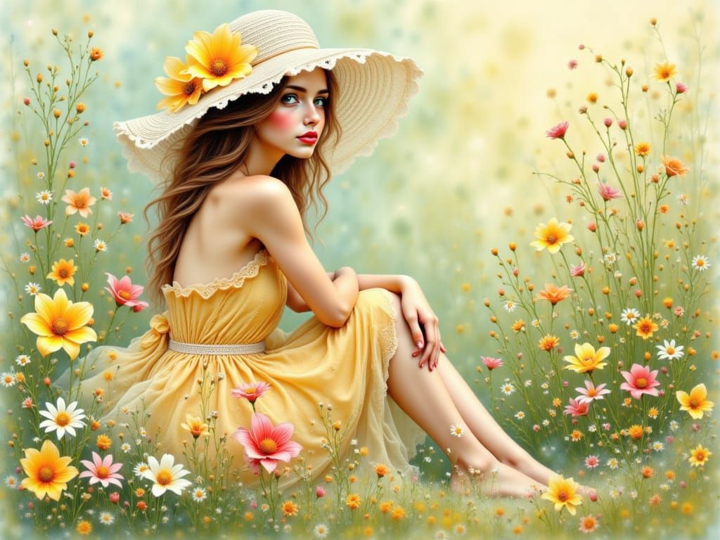 Girl in Meadow: Art Nouveau Impressionism
