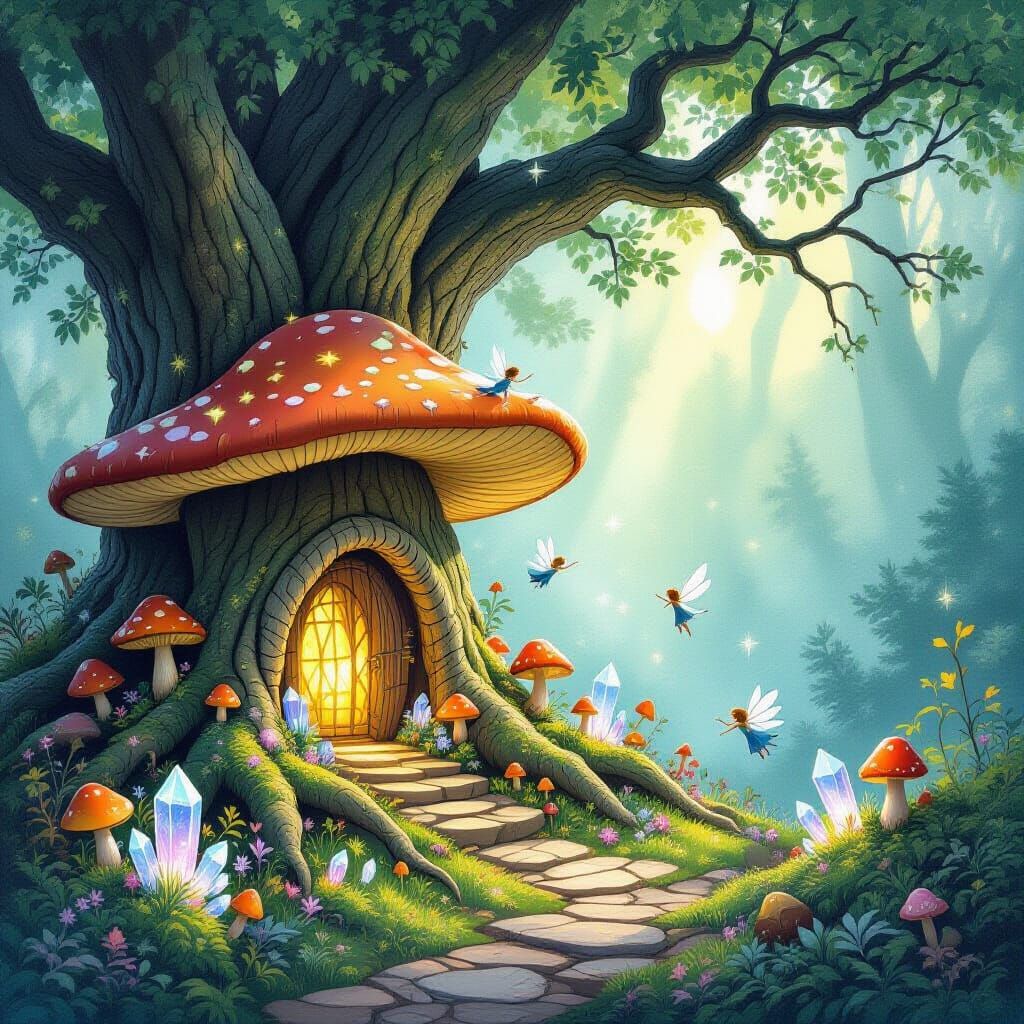 Glowing Mushroom Village with Sprites in Watercolor