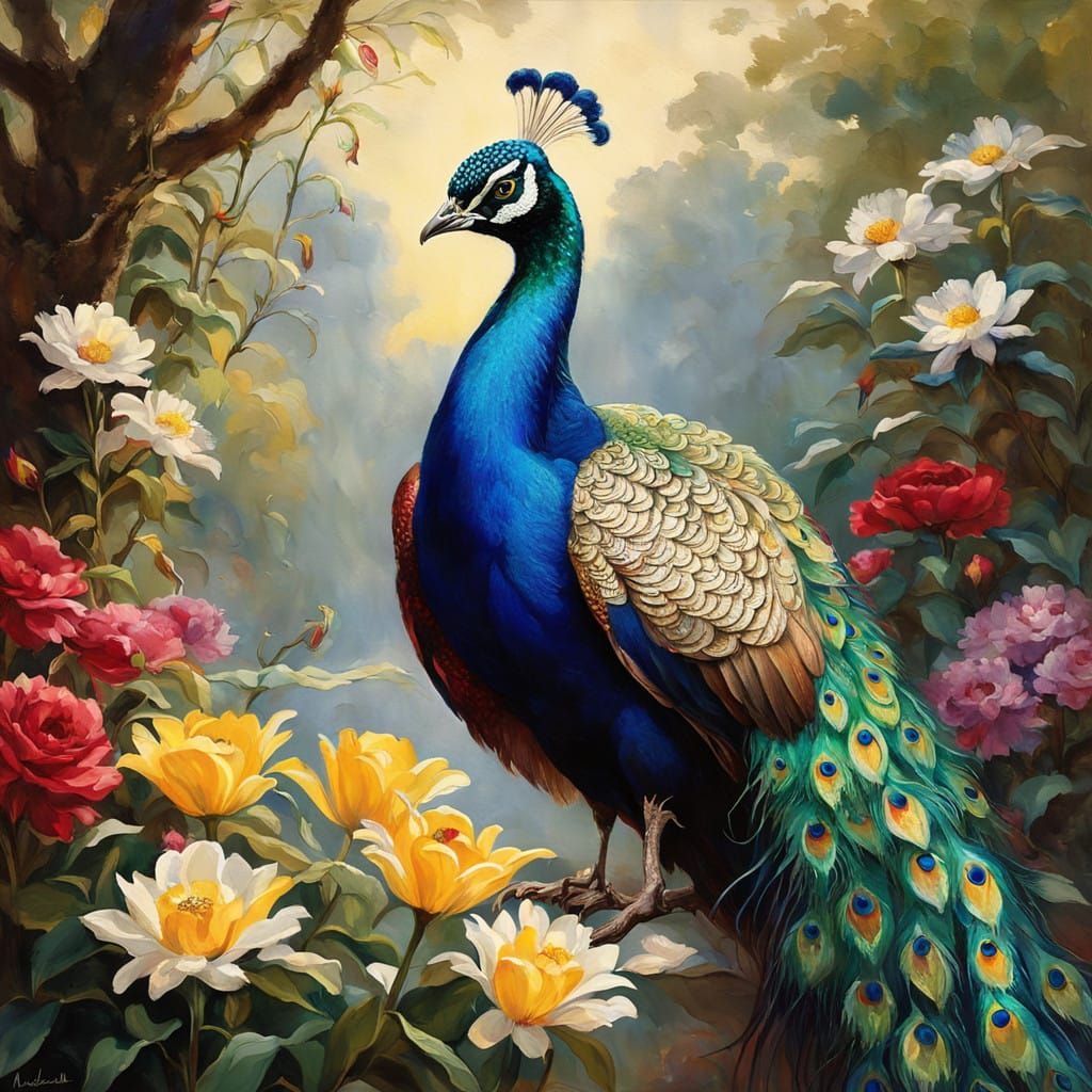 Ethereal Peacock Unfurls Iridescent Feathers in Vibrant Gard...
