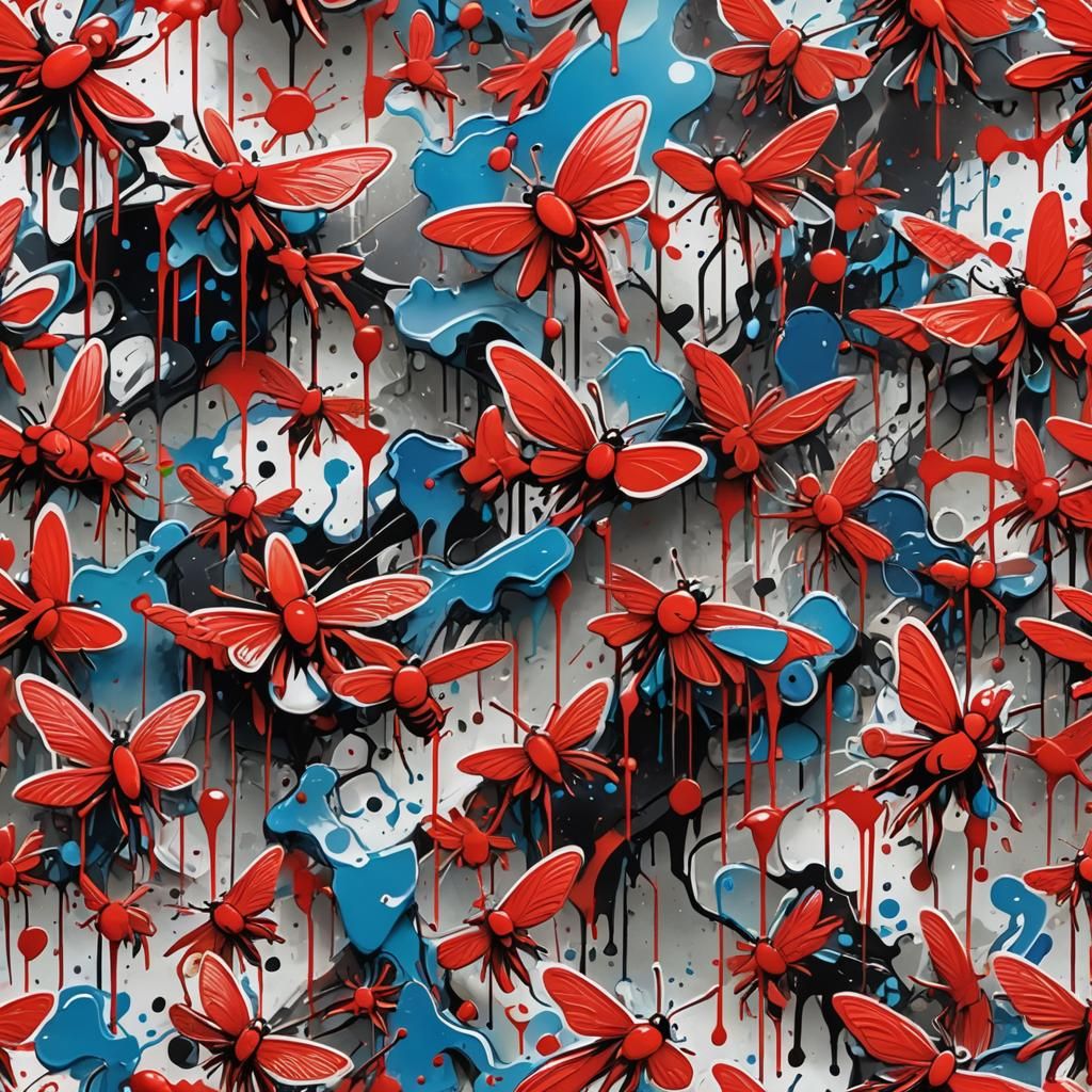Red Flies in Graffiti Splash Art Style