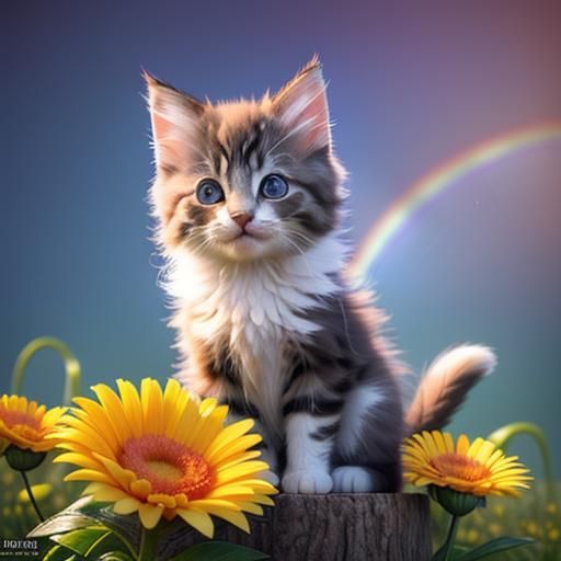 Cute Kitten on Flower: Pixar-Style 3D Render