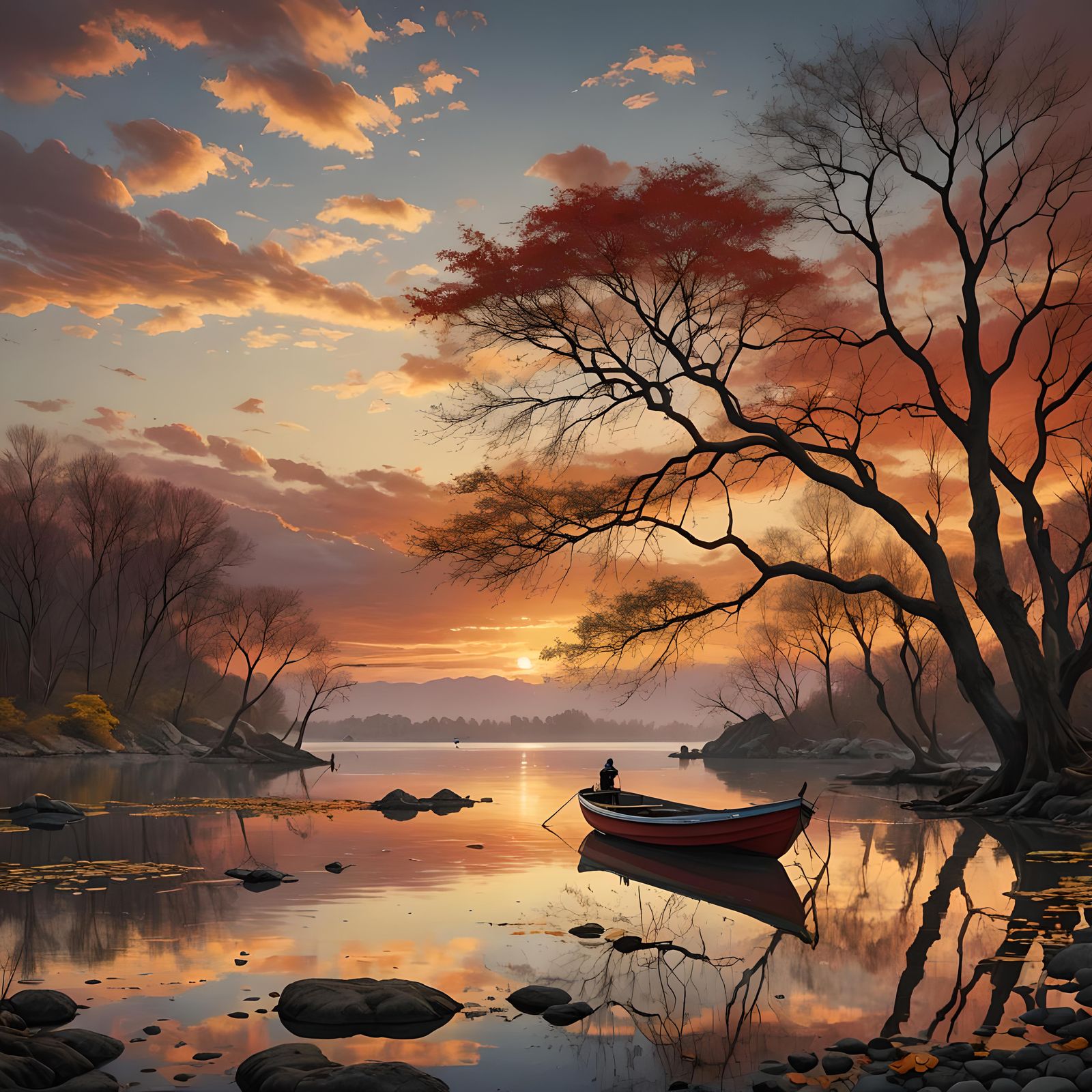 Sunset Lagoon: Small Boat Amidst Colorful Clouds