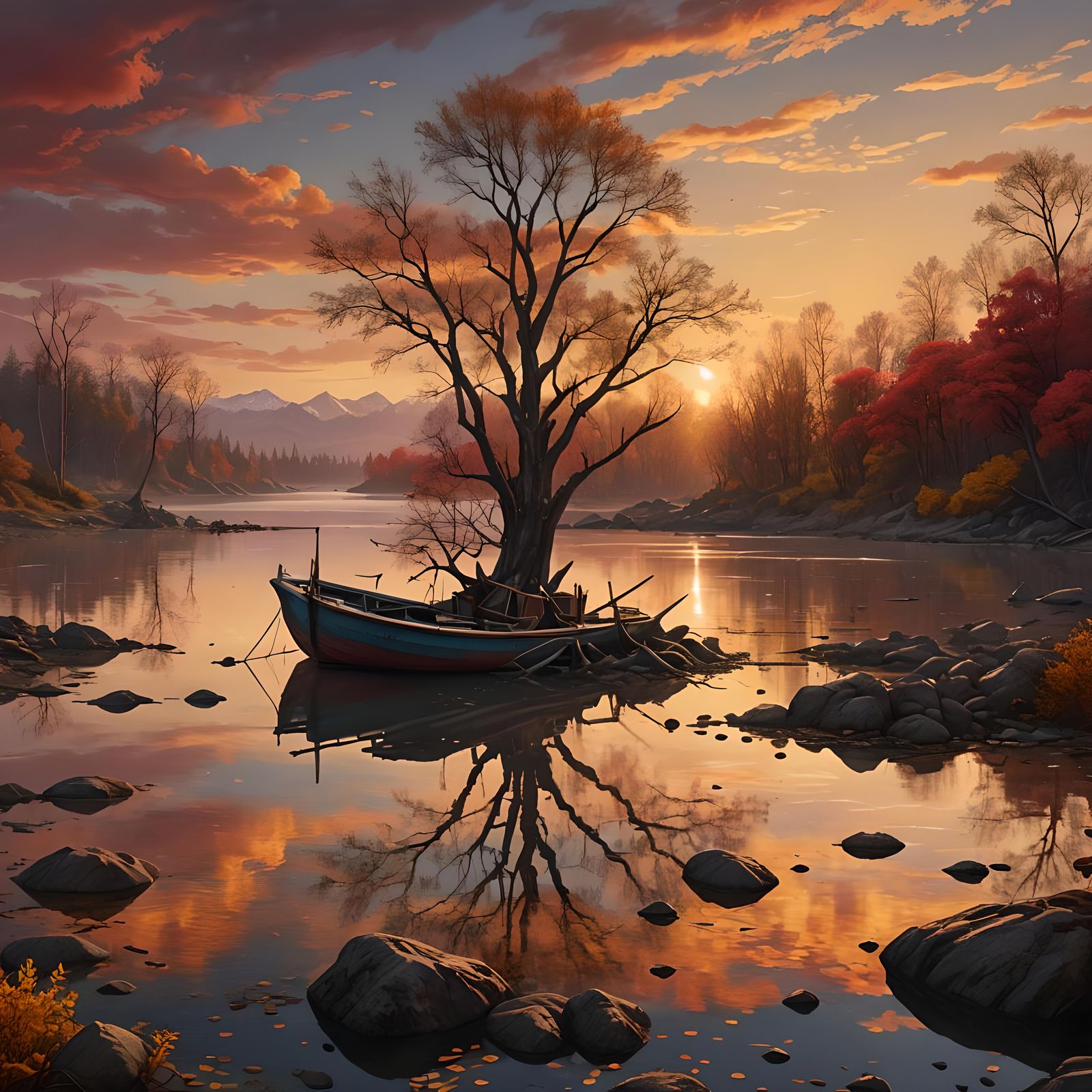 Serene Sunset Lagoon with Fishing Boat