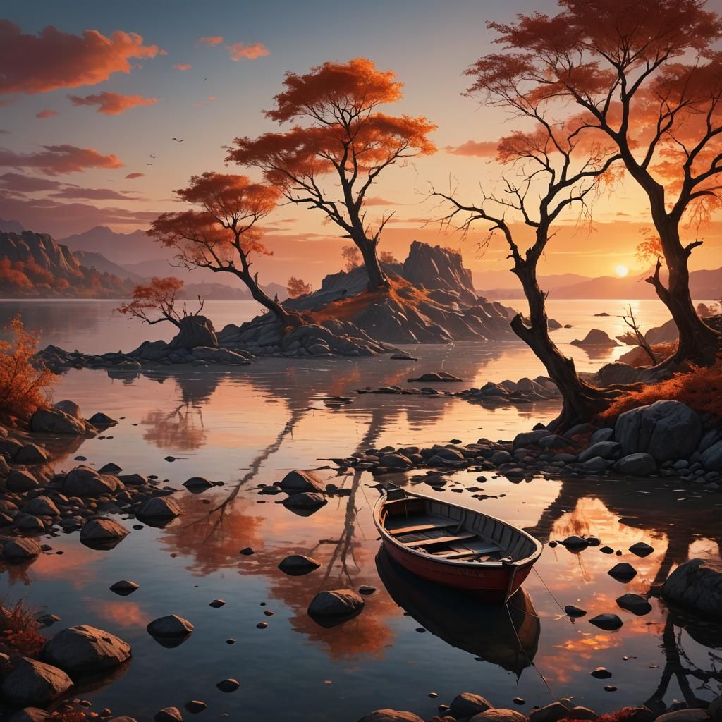 Fishing Boat on Lagoon at Sunset: Fantasy Artwork