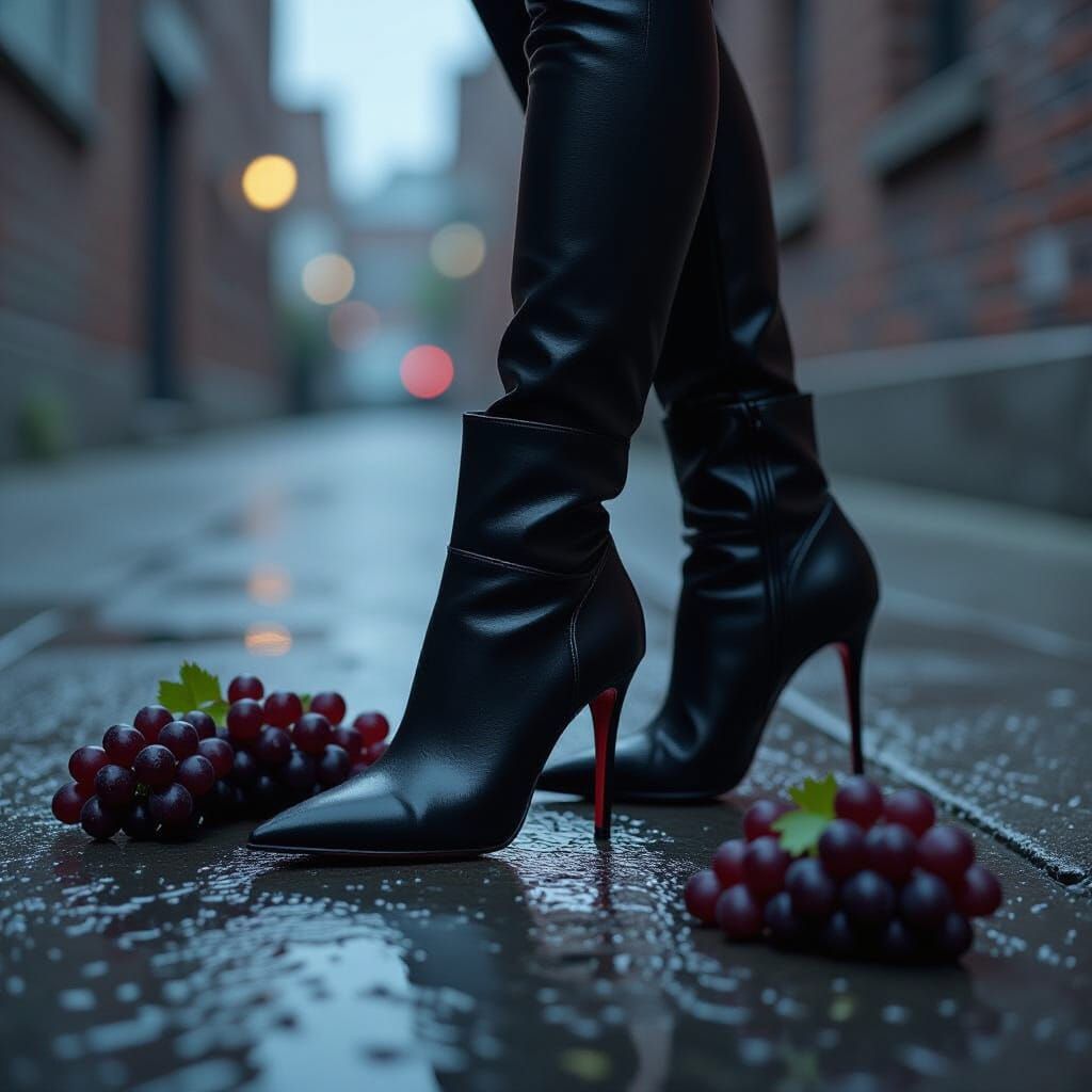 Red-Soled Stiletto Boots Walk on Crushed Grapes