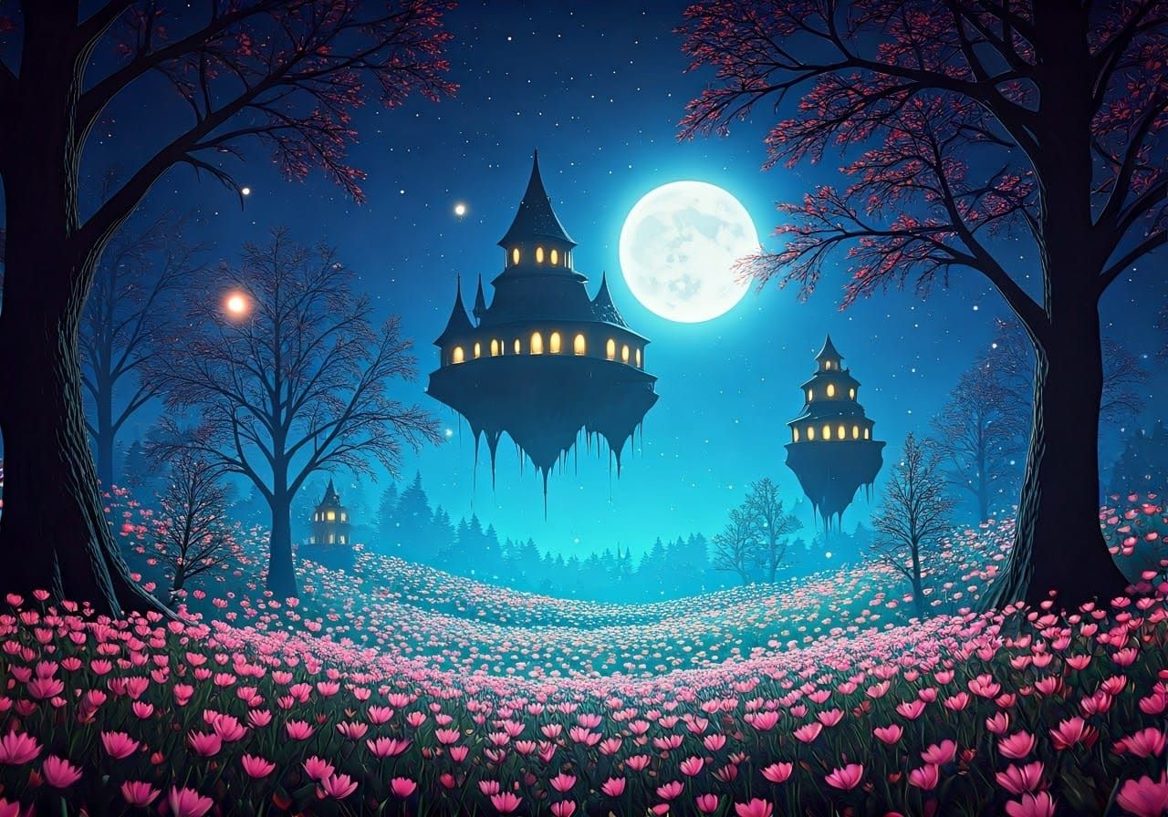 Mystical Floating Palaces in a Luminous Dreamlike Forest