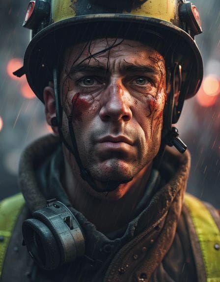 Exhausted Firefighter in Ash, Detailed Digital Art