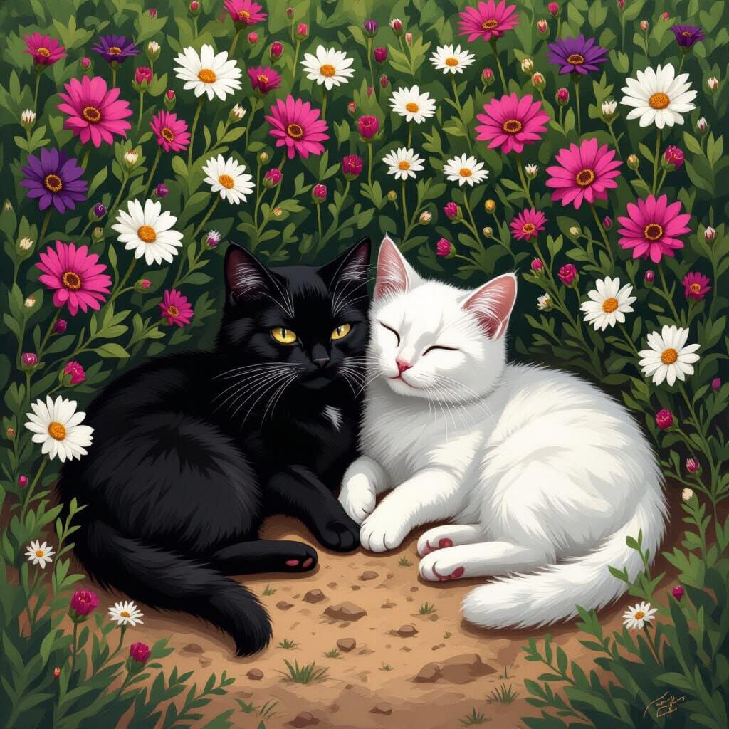 Cats in a Flower Garden: Whimsical Fantasy Art