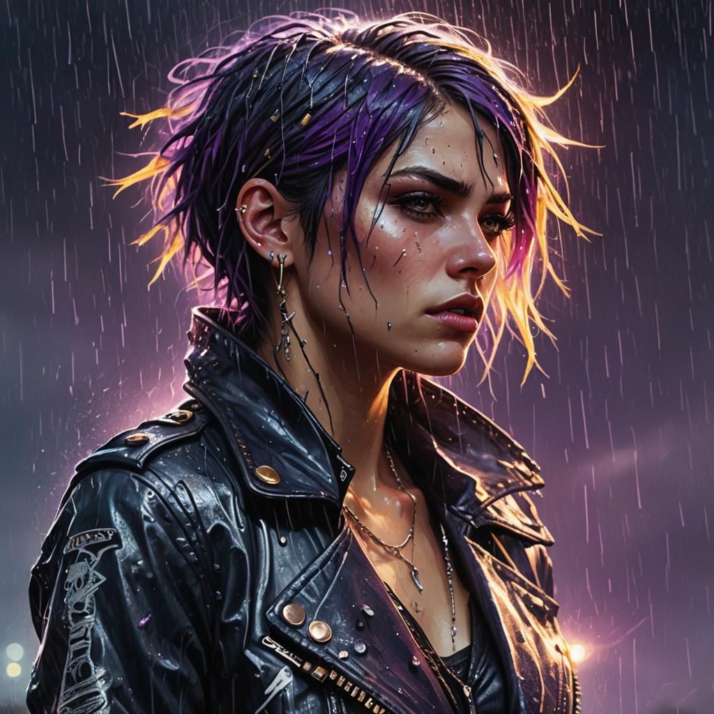 Punk Tomboy in Rain: Fantasy Oil Painting