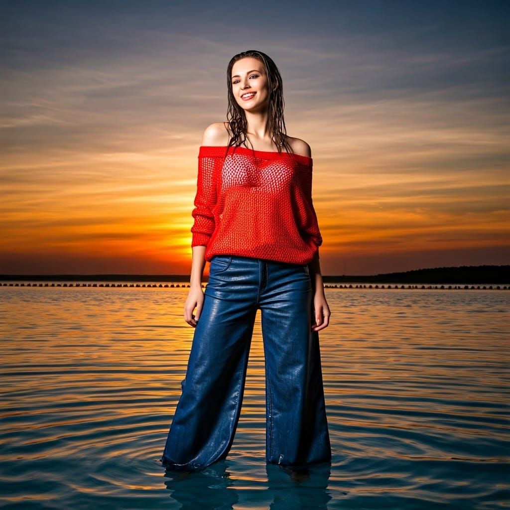 Carefree Evening Swim Amidst Vibrant Sunset Colors