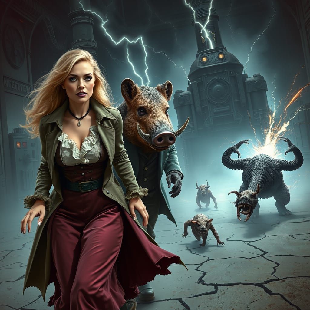 Dark Fantasy Woman Fleeing with Grotesque Boar Husband Amids...