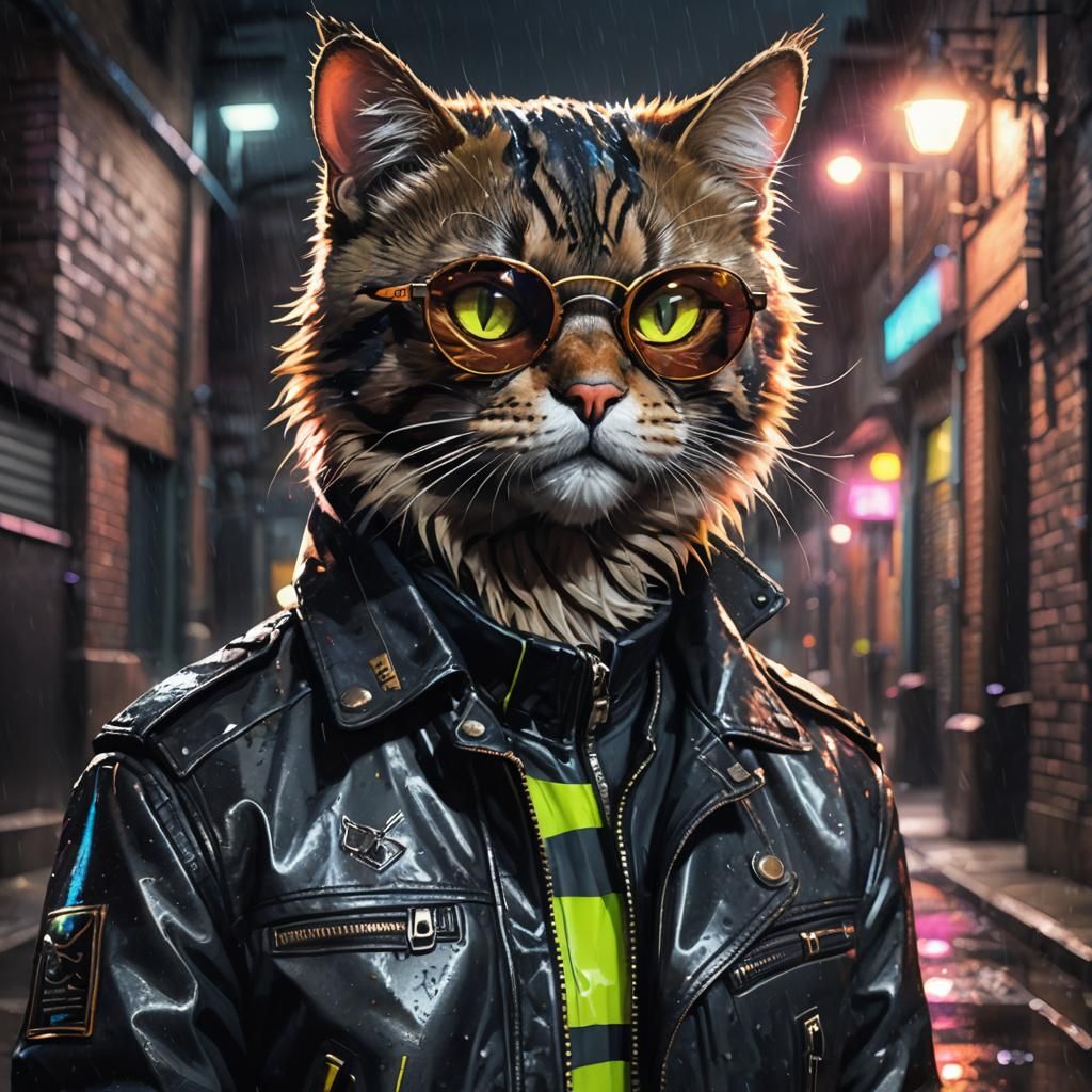 Anthropomorphic Cat in Leather Jacket Concept Art