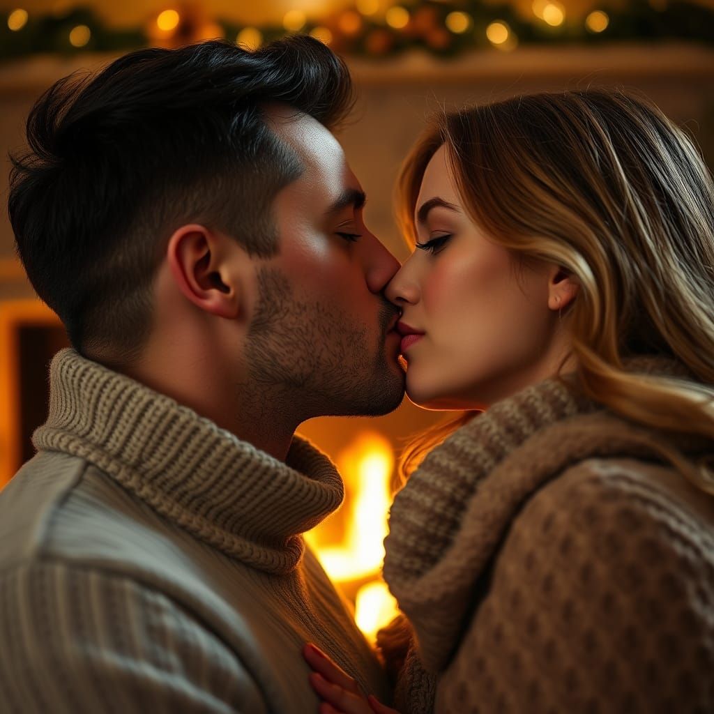 Romantic Couple Sharing a Soft Kiss by the Fireplace