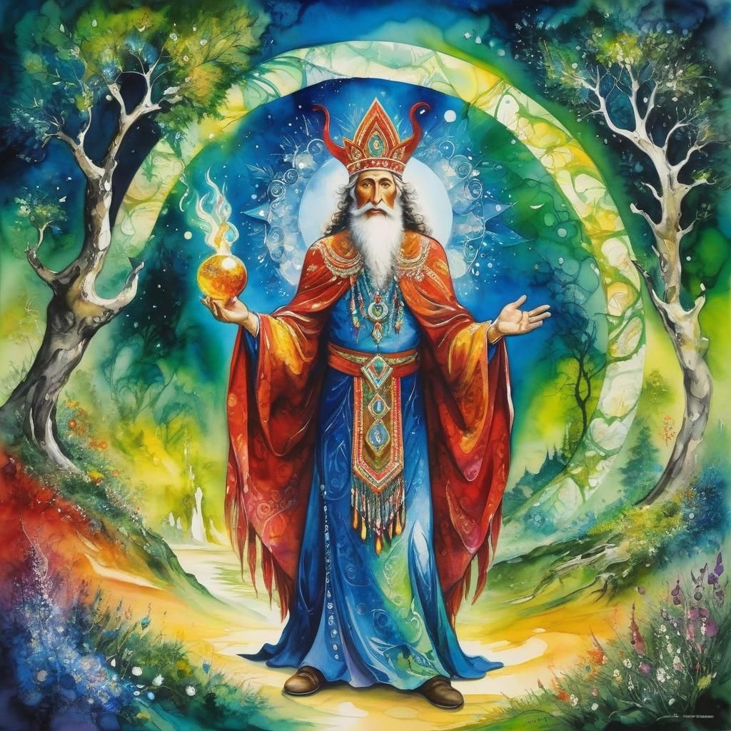 Surreal Shaman in Magical Glade, Alcohol-Ink Style