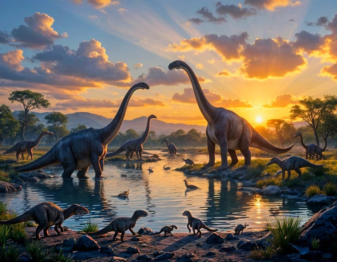 Jurassic Watering Hole at Sunset in Digital Art Style