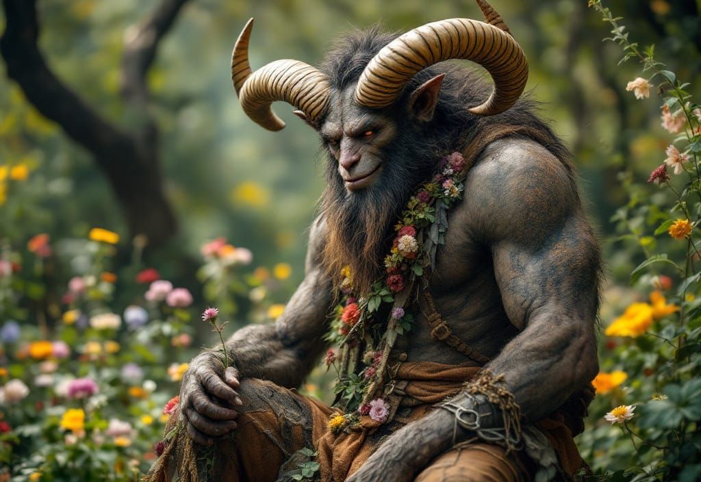 Happy Bipedal Satyr Surrounded by Flowers