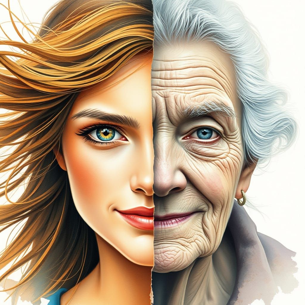 Split Portrait: Youth and Old Age in Watercolor Style