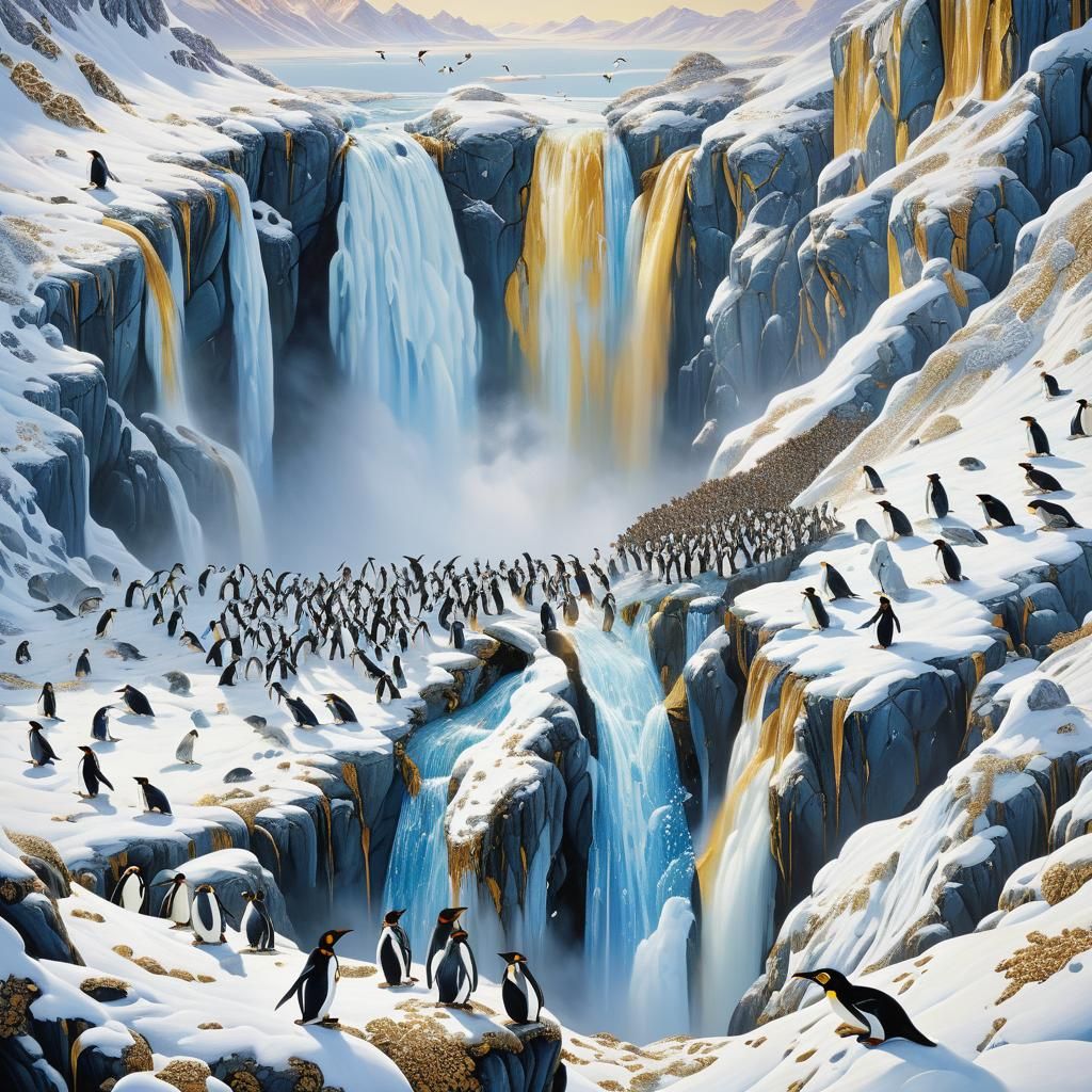 Penguins on Snowy Mountain: A Raqib Shaw-Inspired Painting