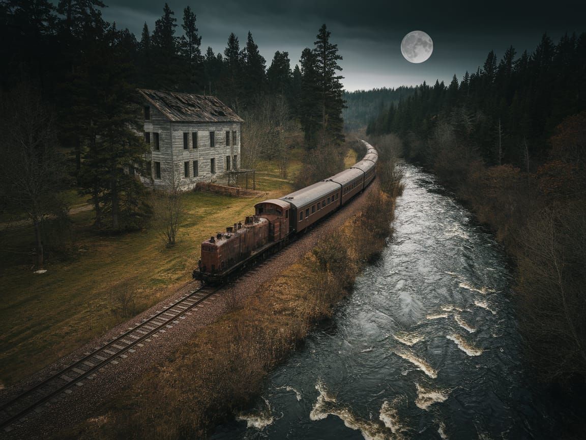 Abandoned Train in a Dark Forest Landscape