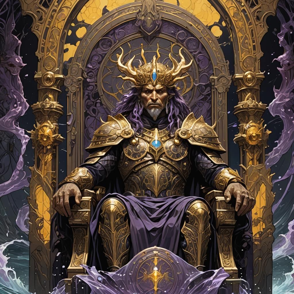 Cursed Hydro God on Throne: Dark Fantasy Art