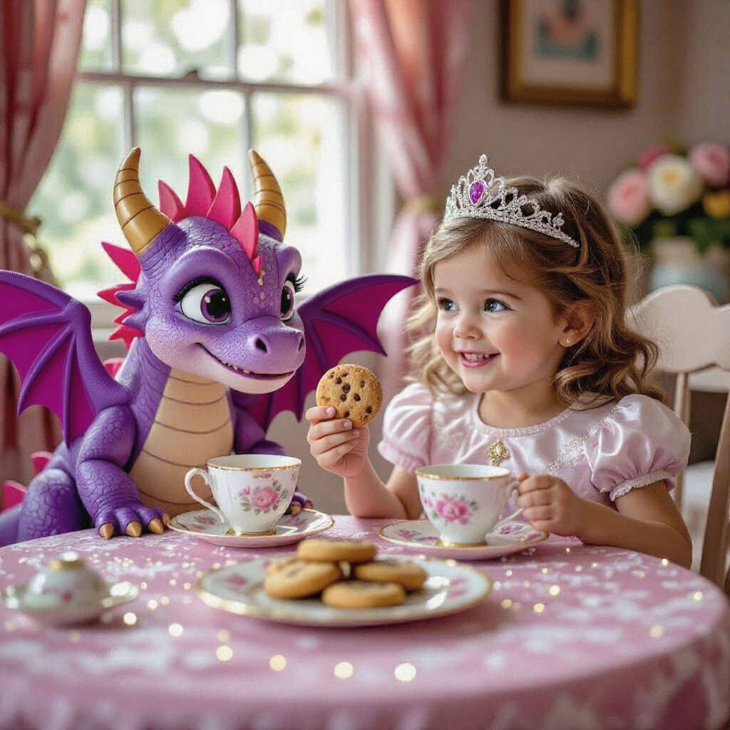Princess Having Tea With Cartoon Dragon Friend