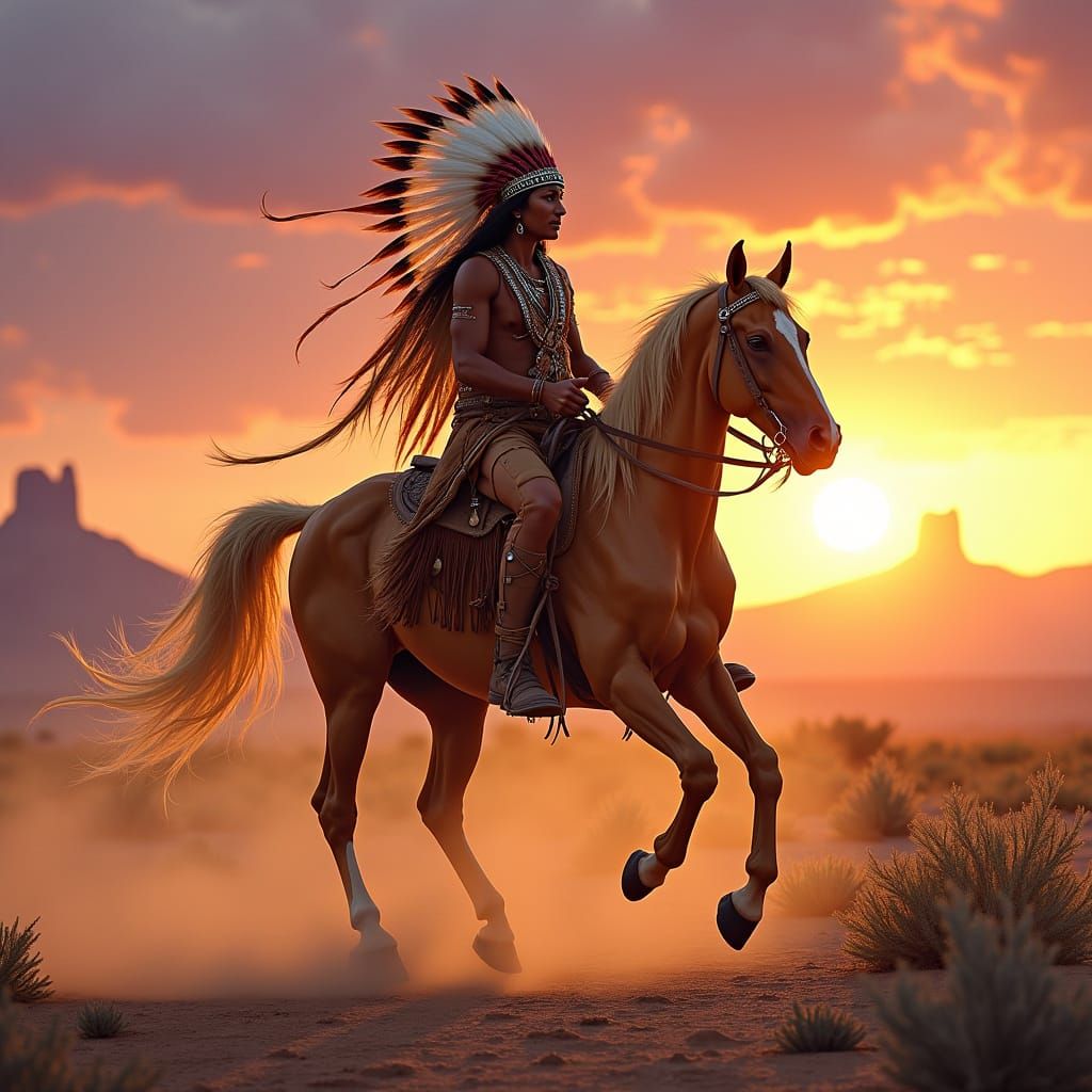 Native American Warrior Rides Palomino into Vibrant Sunrise