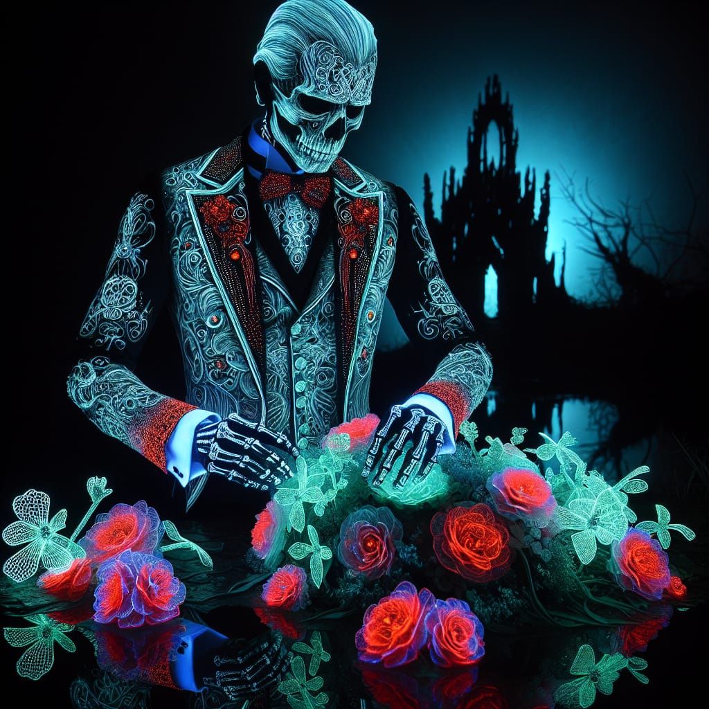 Ethereal Victorian Man Arranging Bioluminescent Flowers