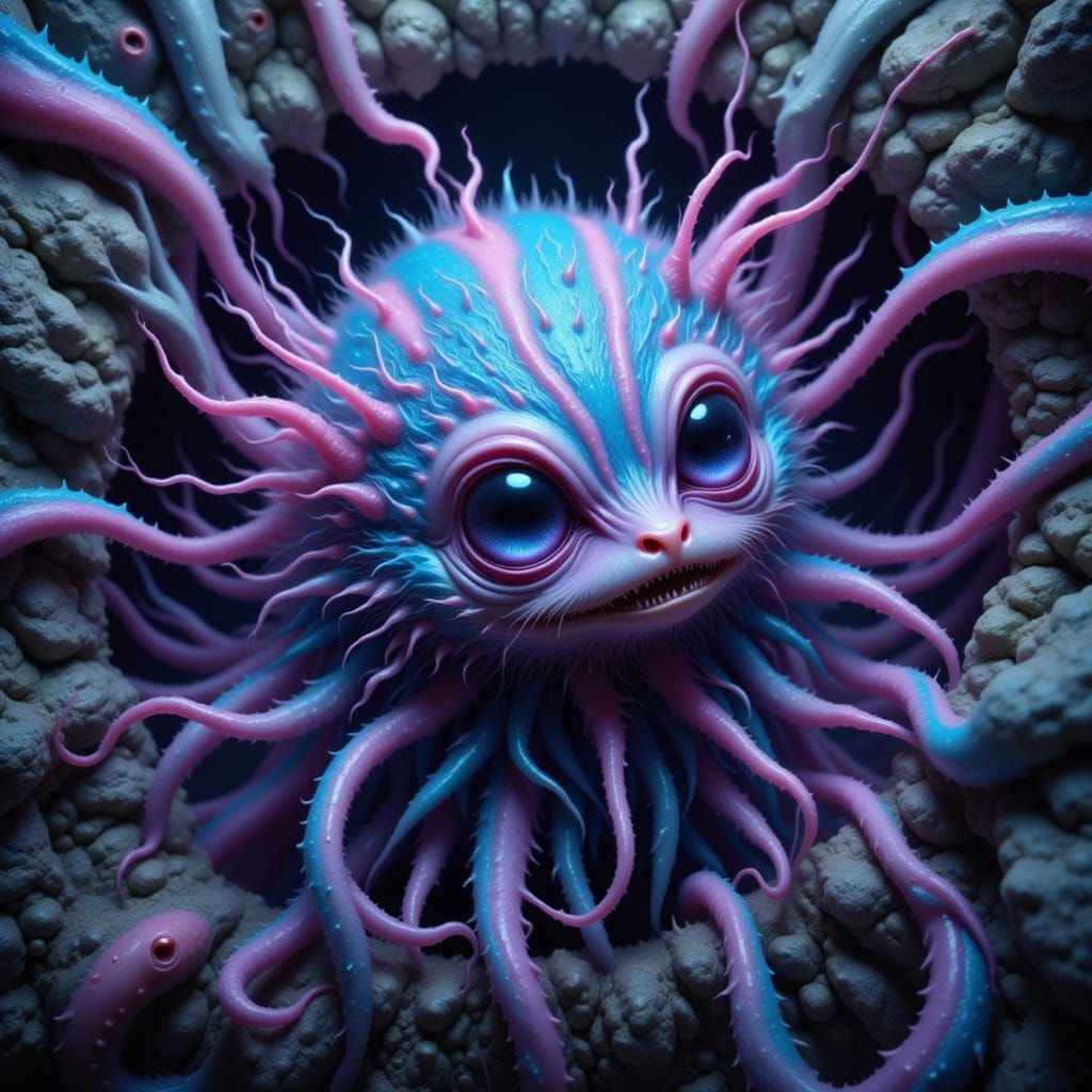 Creepy-Cute Fluffy Creature with Neon Stripes in Rock Fissur...