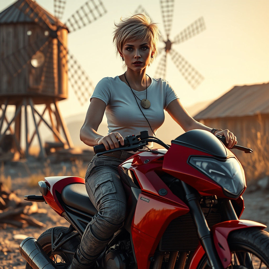Woman on Motorcycle in Post-Apocalyptic Landscape