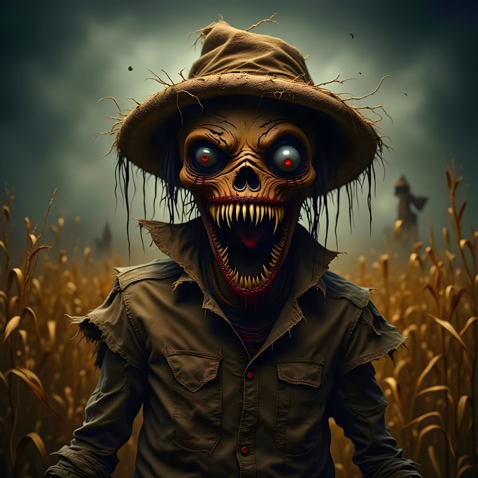 Evil Scarecrow in Gothic Cornfield, Dark Oil Painting Style