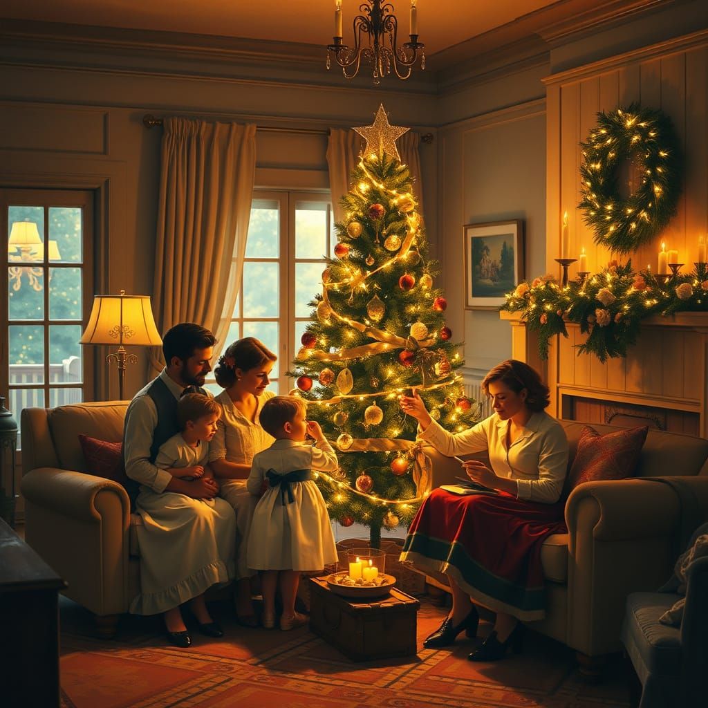 Vintage Christmas Family Scene in Impressionistic Style