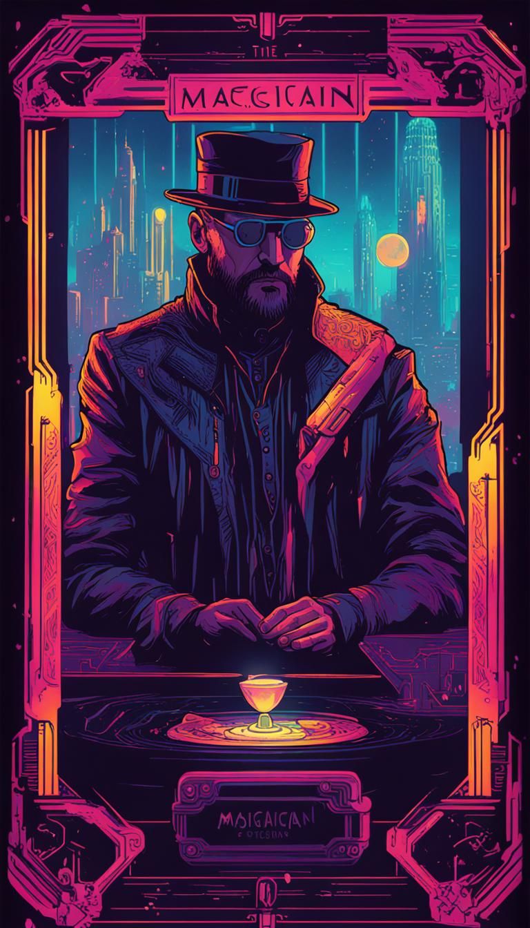 Cyberpunk Magician Tarot Card in Neon Style