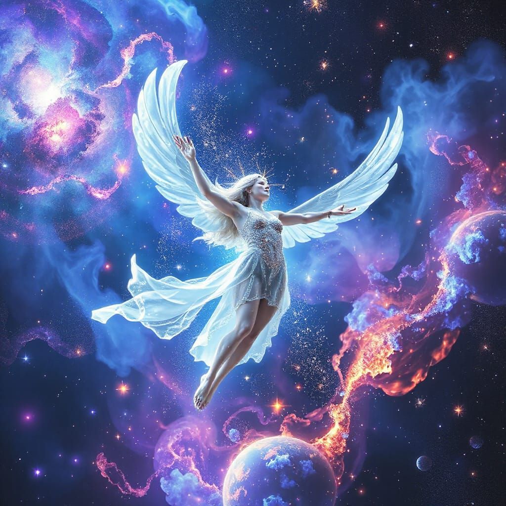 Celestial Being Dancing in Vibrant Cosmic Swirls