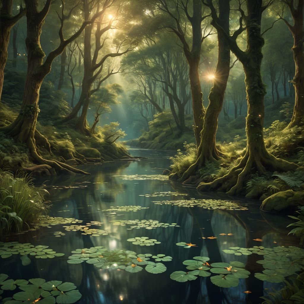 Serene River Through Forest in Pre-Raphaelite Style