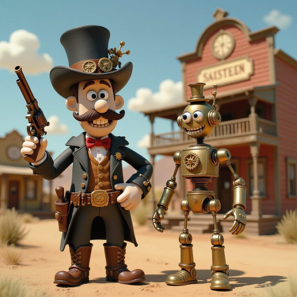 Steampunk Cowboy and Robot in Claymation Style