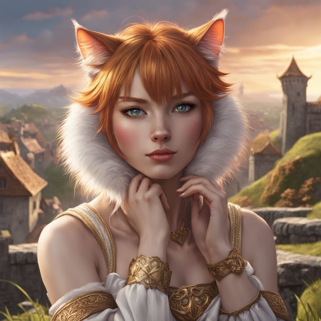 Anime Cat Girl Smirks on Grassy Overlook