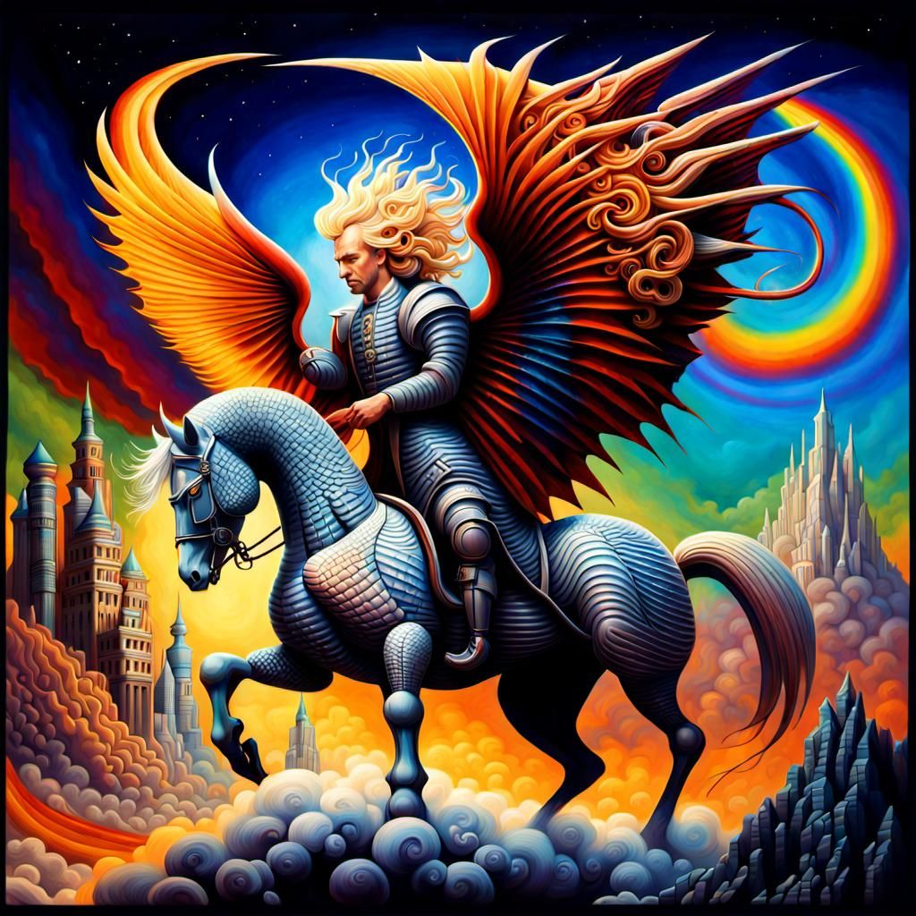 Winged Knight Training Lizard Horses in Visionary Art