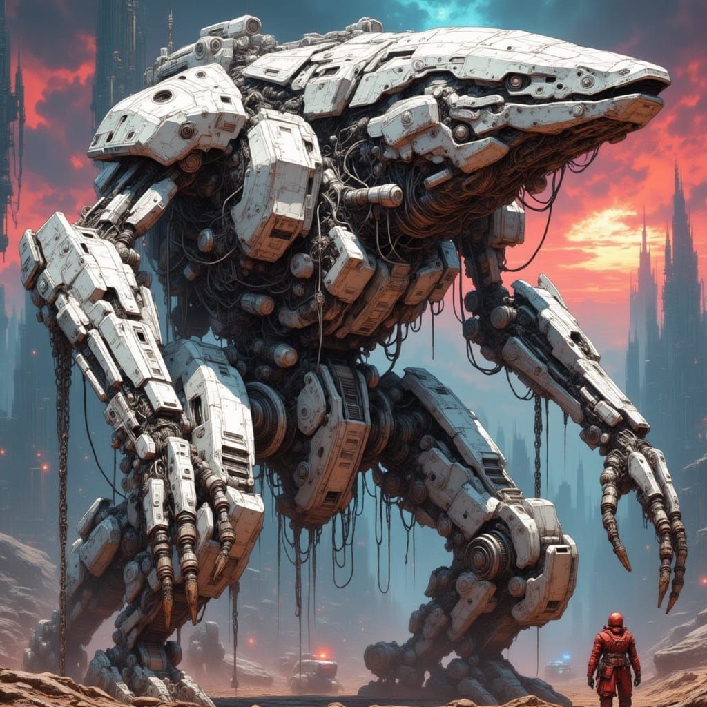 Cybernetic Whale with Cyborg Woman in Cyberpunk Style