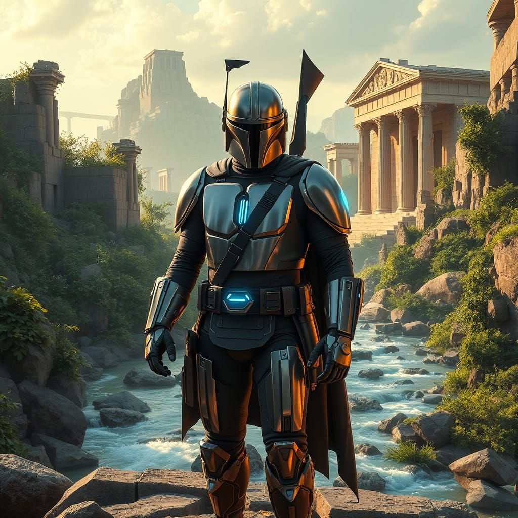 Mandalorian in Futuristic Greek Cityscape with Celestial Arm...