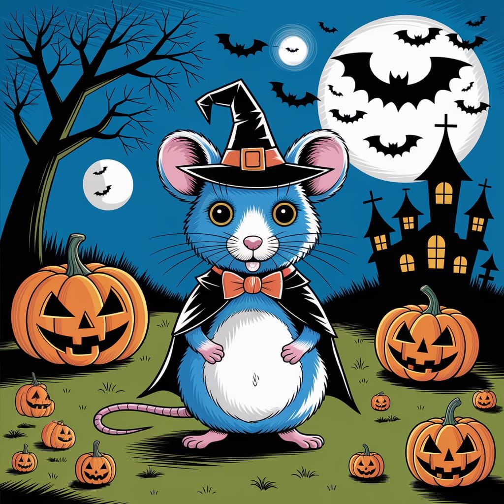 Mouse in Halloween Cat Costume, Inspired by Chagall and Somo...