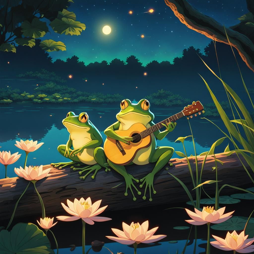 Frogs' Night Music: Studio Ghibli Inspired Anime Scene
