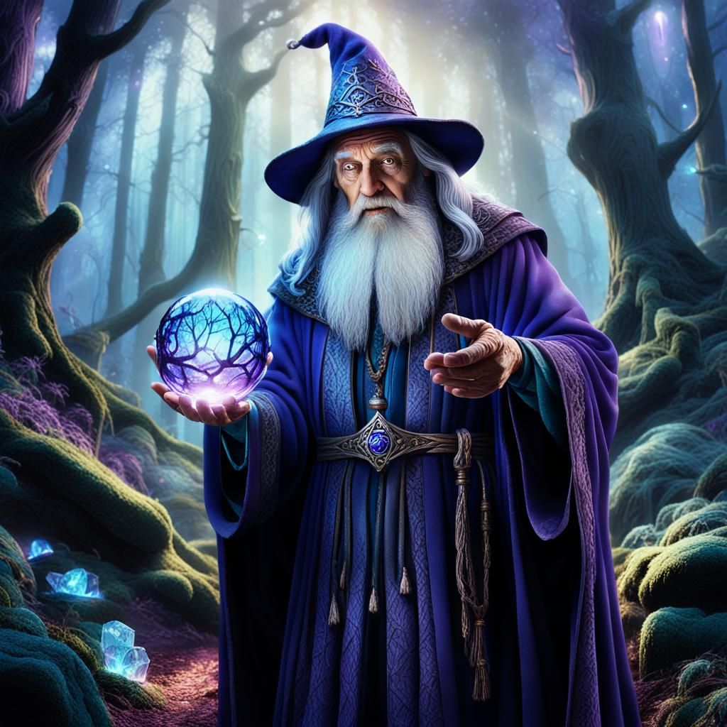 Wizard with Orb in Mystical Forest