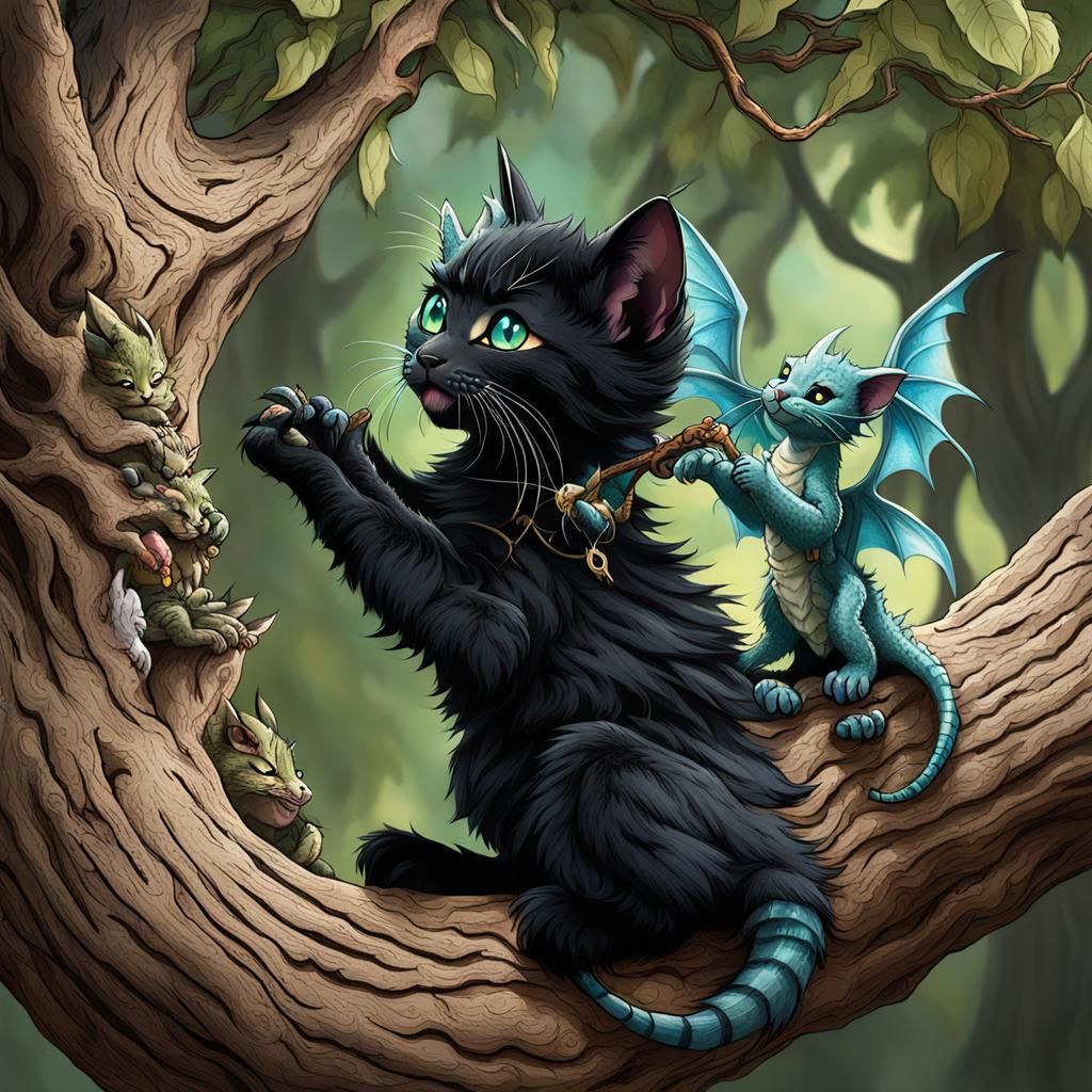 Kittens and Baby Dragon Play in Tree